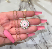 Pink Bling Eye Necklace (Rolo Chain)