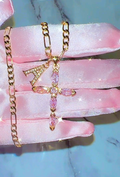 Pink Marquise Cross With Initial