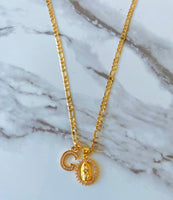 Pink Diamond Mary Necklace With Initial (Figaro Chain)