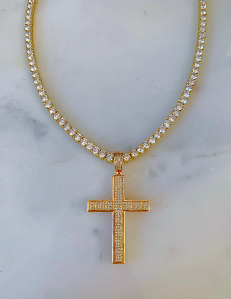 Iced Out Cross Necklace In Yellow With Optional Bracelet