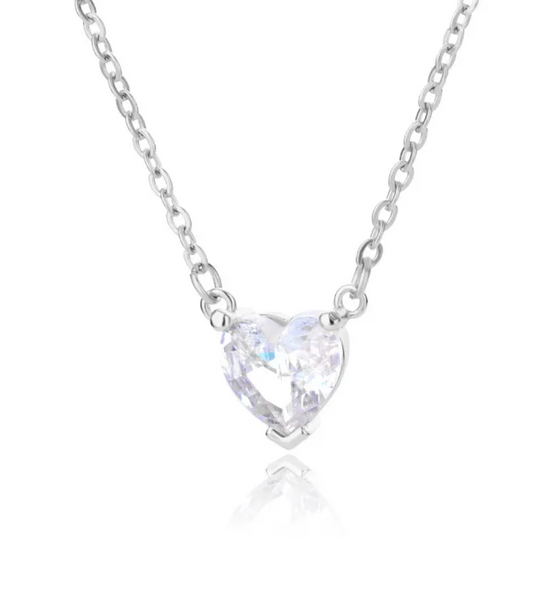 Dainty Solitaire Heart Necklace (Silver)