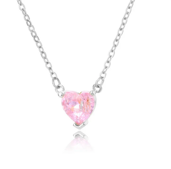 Pink Dainty Solitaire Heart Necklace (Silver)