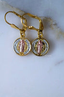 Tricolor Gold Plated Saint Ben Medal Dangle Earrings- Has Optional Matching Necklace