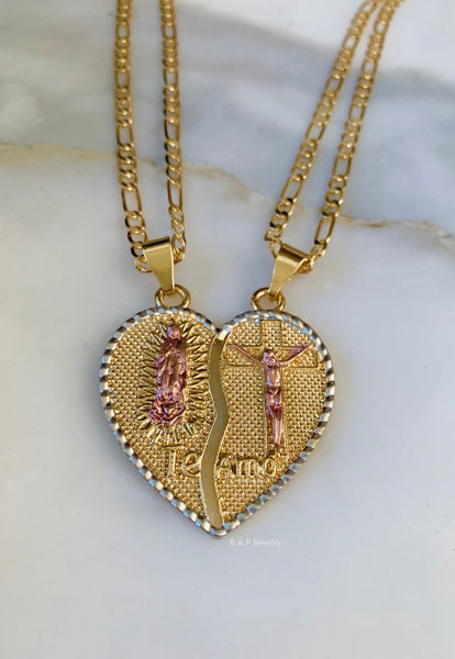 Tricolor Jesus And Mary Breakable Heart With Two Chains