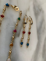 On Sale! Gold Dipped Sparkly Colorful Heart Jewelry Set: Necklace, Bracelet, Earrings
