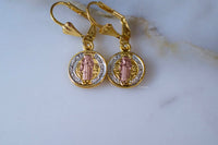 Tricolor Gold Plated Saint Ben Medal Dangle Earrings- Has Optional Matching Necklace