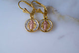Tricolor Gold Plated Saint Ben Medal Dangle Earrings- Has Optional Matching Necklace