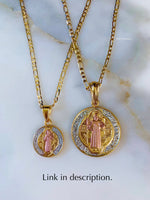 Tricolor Gold Plated Saint Ben Medal Dangle Earrings- Has Optional Matching Necklace