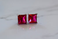 On Sale! White Gold Plated Princess Cut Ruby Inspired Studs