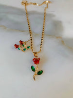 Gold Plated Enamel Rose Necklace And Earring Set
