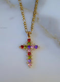 Gold Plated Multicolor Stone Cross Necklace