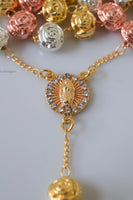 Tricolor Rose Gold Plated Rose Rosary Necklace