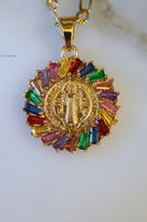 Gold Plated Rainbow Stone Saint Benedict Necklace