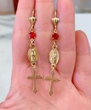 Gold Plated Virgin Mary And Cross Drop Earrings