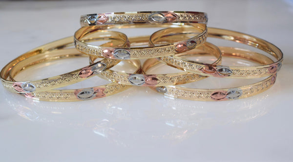 Tricolor Gold Plated 7 Bangle Set With A Marquise Design