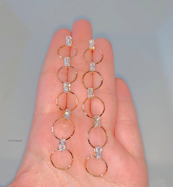 Baguette Shape Diamond Inspired Gold Plated Drop Earrings