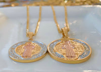Unisex Tricolor Gold Plated Saint Ben Medallion Necklaces In 2 Sizes